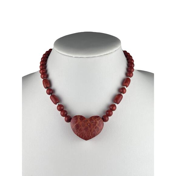 GSJ Coral Heart Beaded 16"-18.5" Sterling Silver Clasp Necklace - Picture 1 of 12